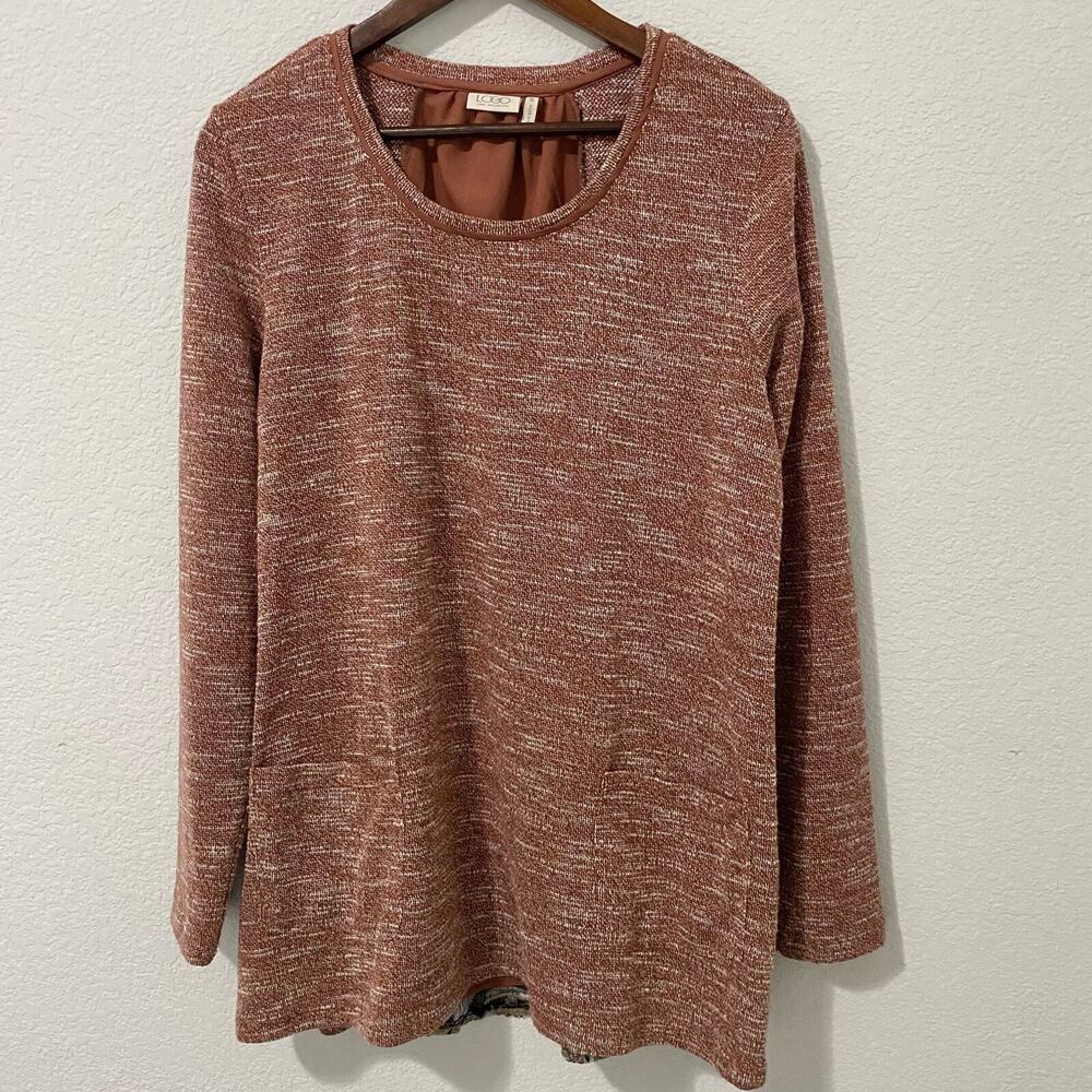 LOGO Lori Goldstein XL Marled Knit Top Sequin Lace Back Lagenlook Tunic Brown - Picture 2 of 9